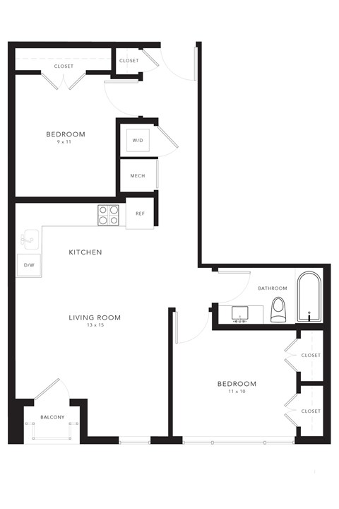 Floor plan for 2 beds, 1 bath, 716 sqft